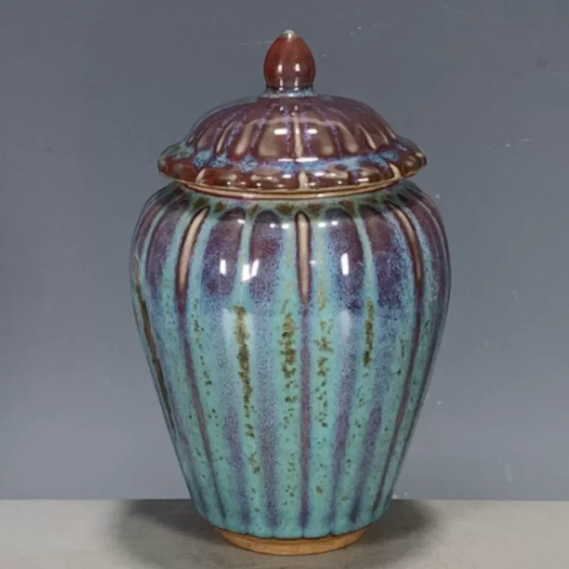 Antique Jun Kiln Flambe Melon-shaped General Jar - Small Lidded Ceramic Jar, Chinese Style Folk Art Collectible