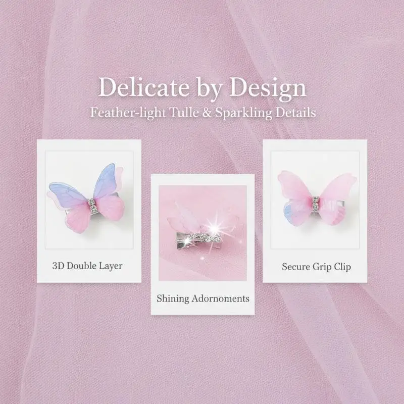 Butterfly Hair Clips 10 Pcs Gradient Double-layer Organza Shiny Rhinestone Cute Hairpins for Girls School Daily Wear