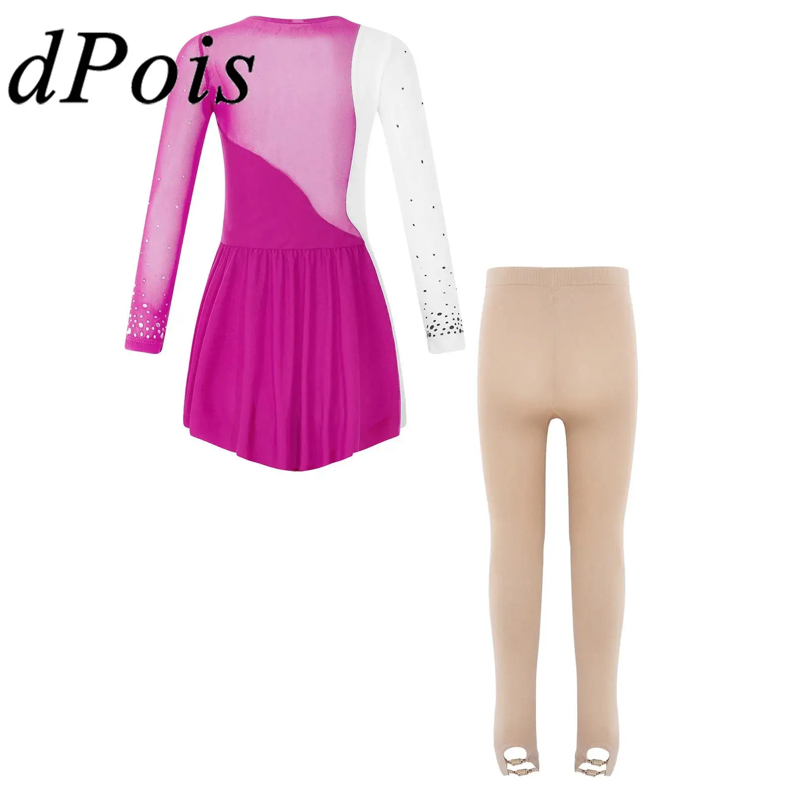 

Kids Ballerina Exercise Costume Artistic Skating Gymnastics Leotard Girls Sheer Mesh Rhinestones Ballet Tutu Lyrical Dance Dress