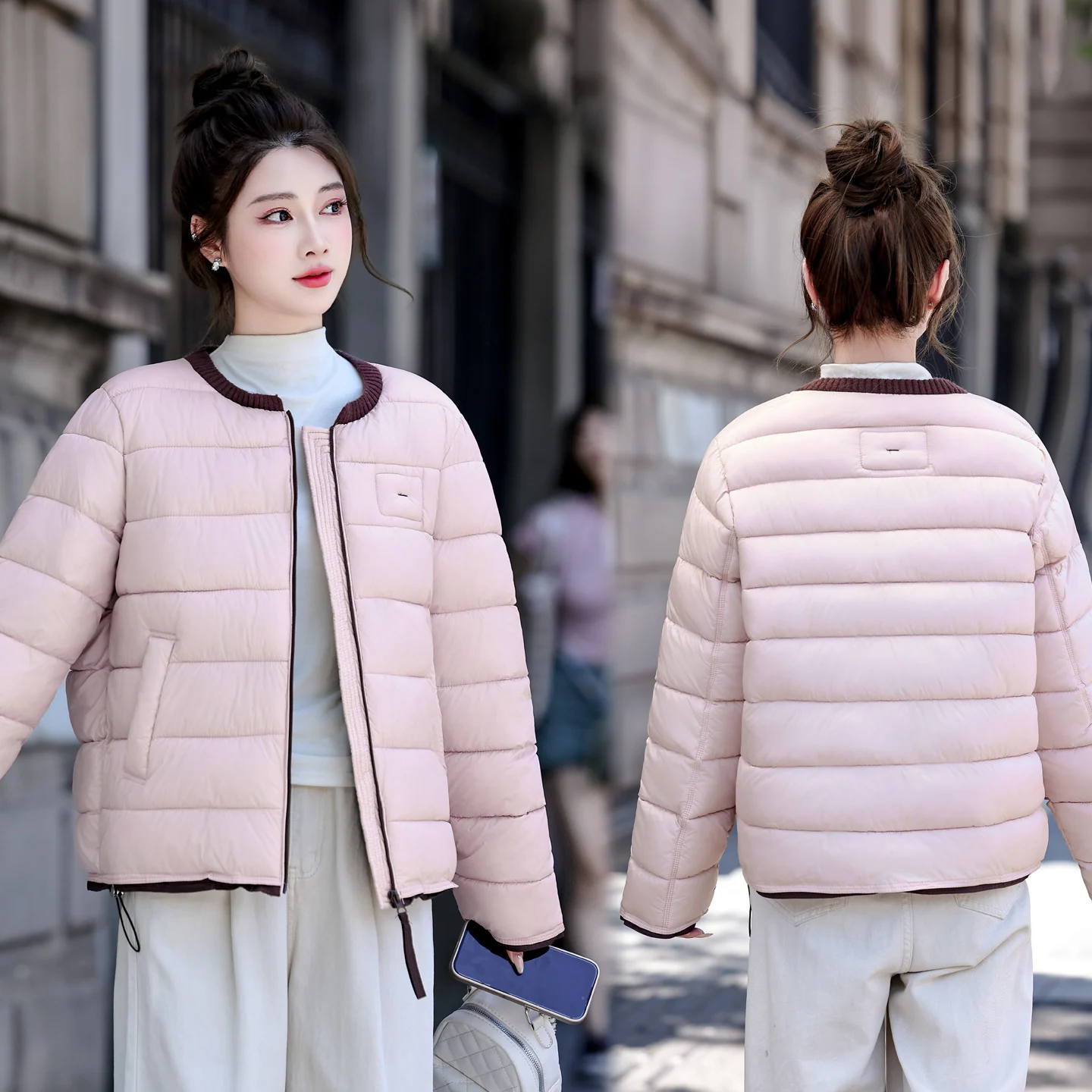 Women Ribbed Trim Round Neck Padded Jacket Zip Up Short Warm Coat Ladies Winter Casual Outerwear with Side Pockets