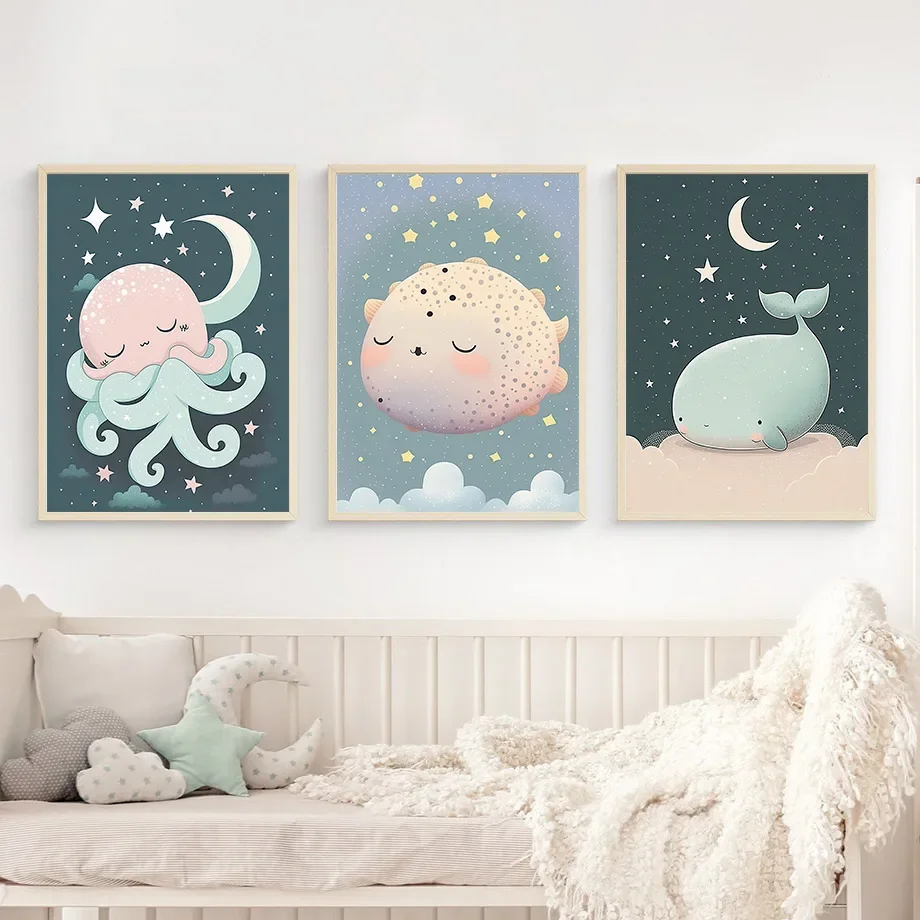 Whale Octopus Puffer Fish Sea Horse Nursery Nordic Posters And Prints Wall Art Canvas Painting Pictures For Baby Kids Room Decor