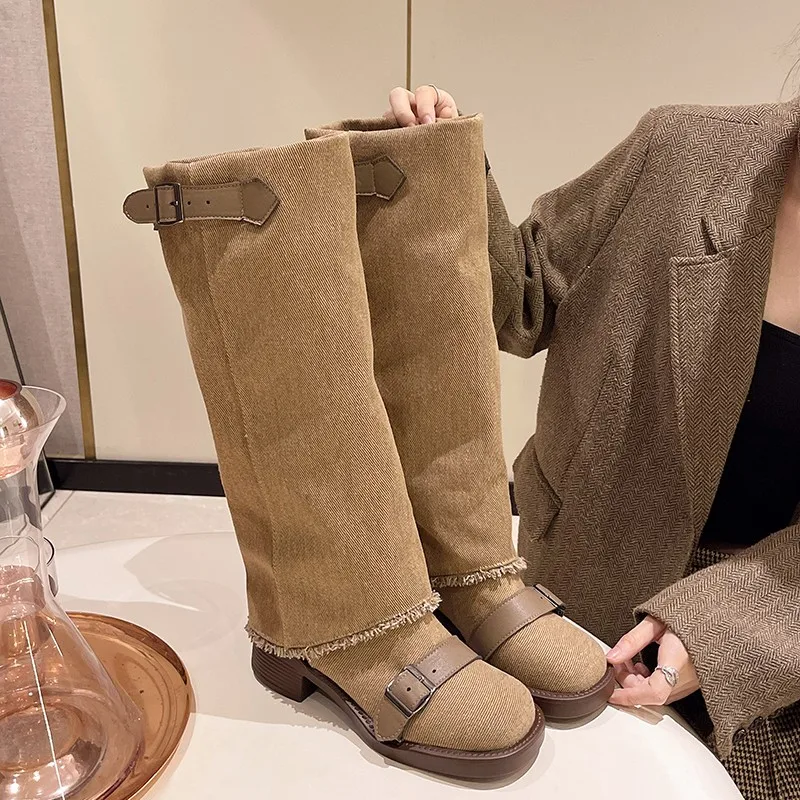 2024 New Fashion All-match Thick Heel Knight Boots Small Fragrant Wind Round Head High Tube Comfortable Sleeve Pants Boots