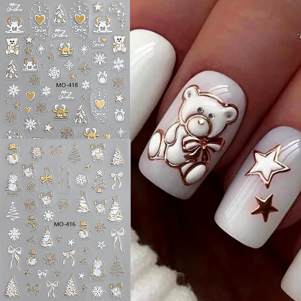 Christmas Nail Stickers Gold Rim Teddy Bear Snowflake Star Christmas Tree Bow Design Winter Holiday Cute Nail Art Decor