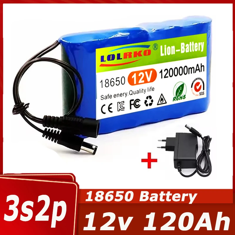 100% New 3S2P Protection Plate12V Battery Pack 12V 120000mAh 18650 Lithium ion DC 12.6V Super Rechargeable Battery + Charger
