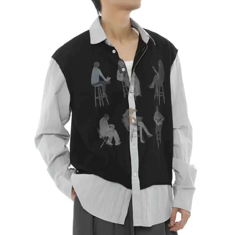 

New Style Art Printing American Style Retro Knit Fake Two Pieces Layering Casual Daily Loose Shirt Fashionable For Man