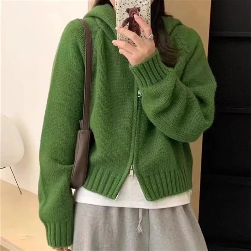 

Korean Knitted Women Sweet Zipper Cropped Sweaters Autumn Vintage Knitwear Coat Casual Short Sweaters Jackets Outerwear E2568