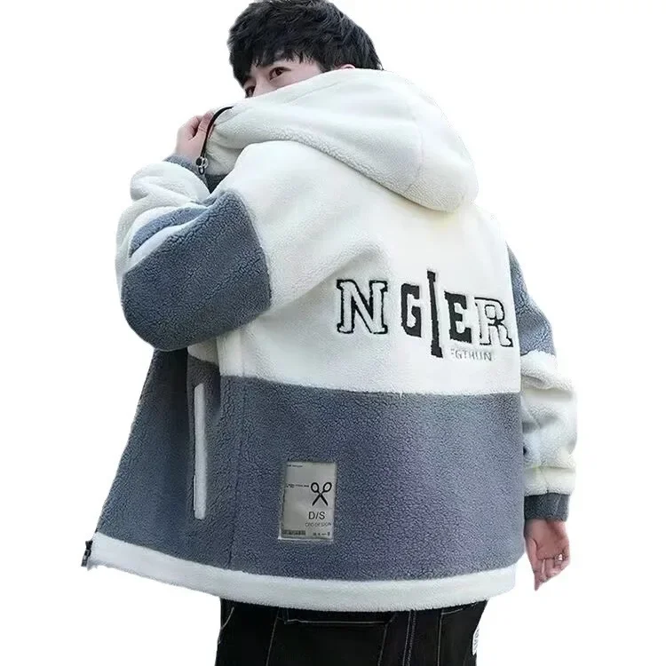 سترة فرو الضأن للرجال فضفاضة دافئة سميكة مقنعين ملابس خارجية من القطن نمط غير رسمي ربيع الخريف وصول جديد معطف كبير الحجم