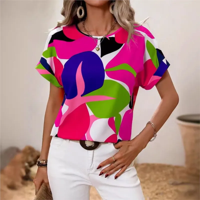 2024 Women\'s Summer New Fashion Print Multi Color Round Neck Women\'s Short Sleeved Top Elegant Contrast Color Office Blouse Y2K