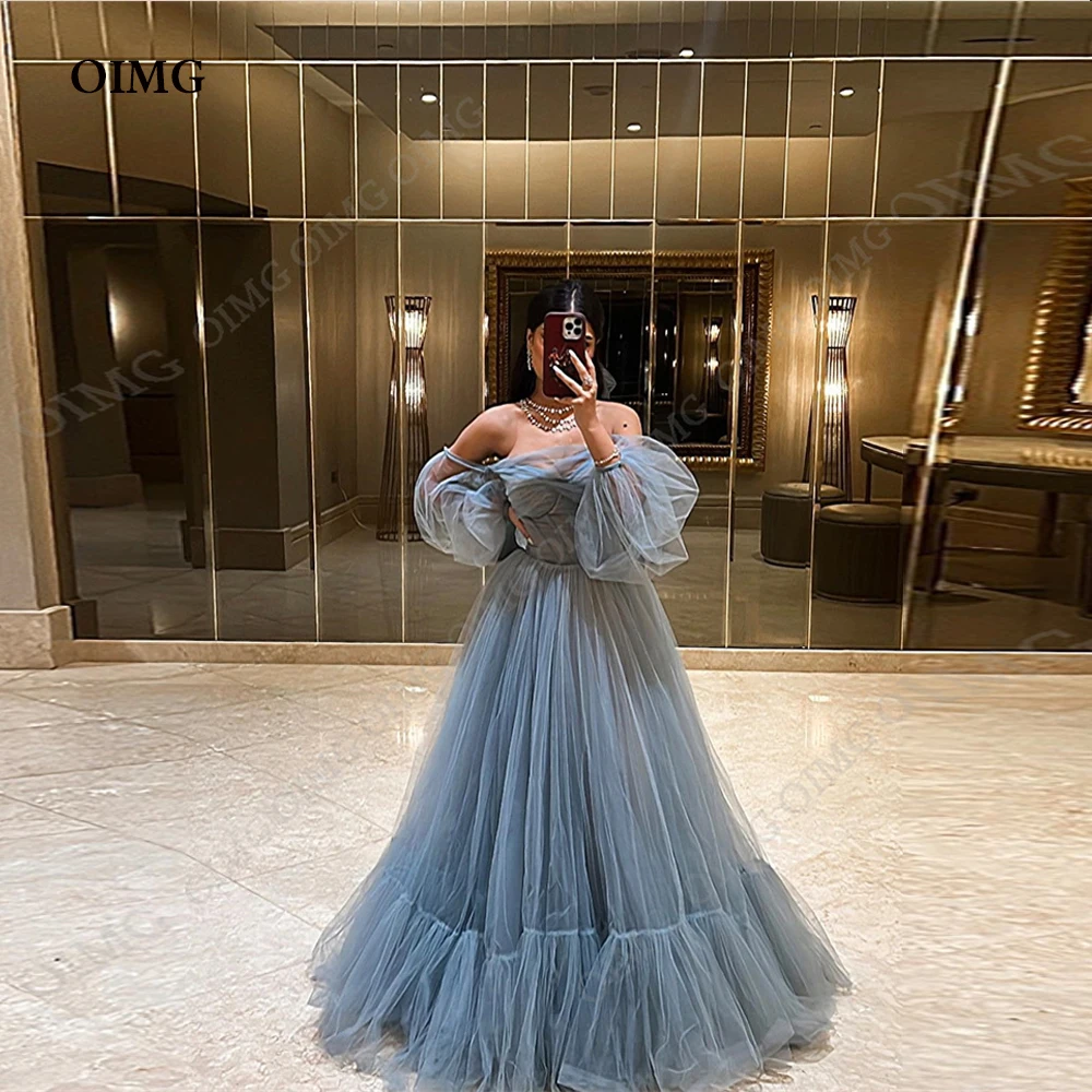 

OIMG Dusty Blue A Line Off Shoulder Evening Dresses Tulle Custom Long Sleeves Pleats Prom Gowns Formal Party Dress Gown Vestidos