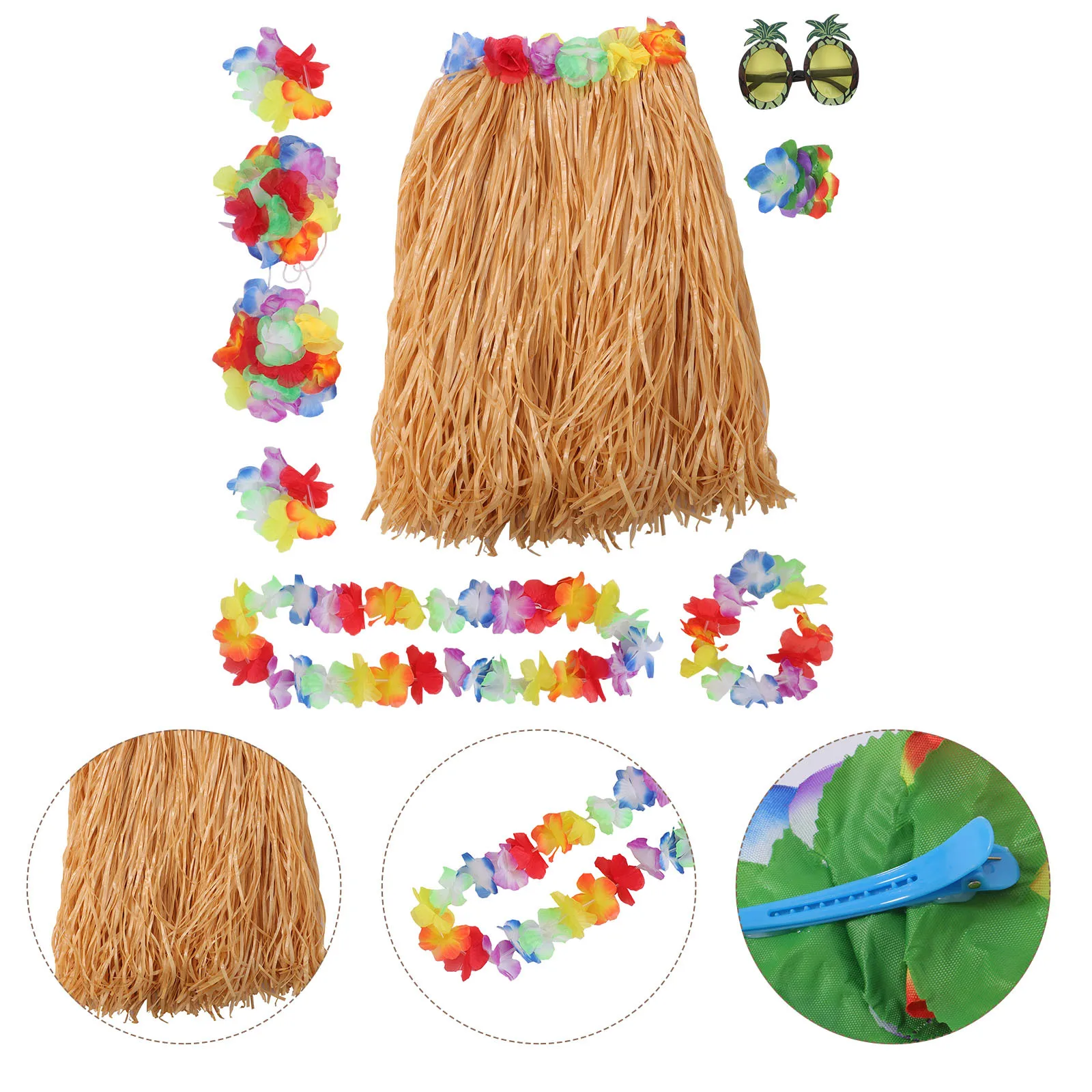 

8Pcs Hawaii Hula Dress Set Grass Skirt with Flower Accessories for Tropical Theme Party Wedding Festival Celebration 60Cm