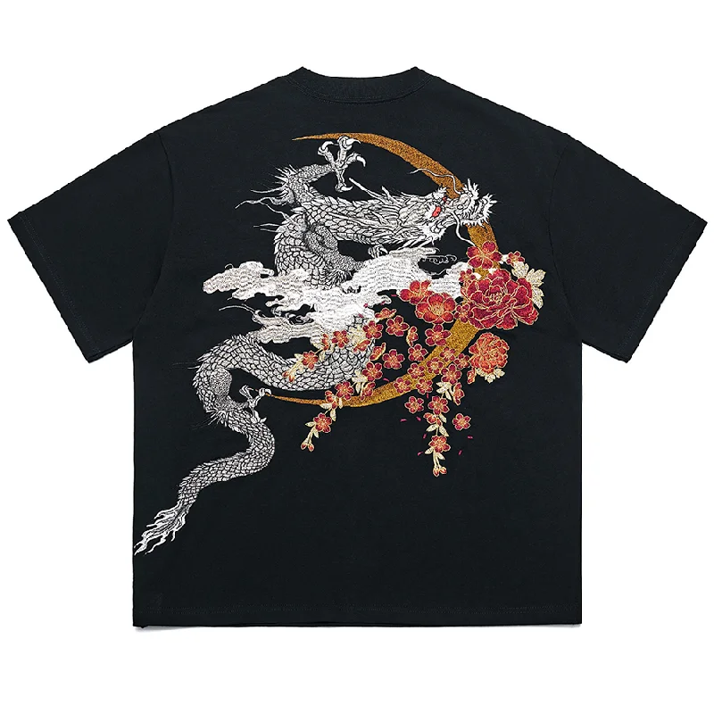 Men's Fashion Harajuku Hip Hop T Shirt With Dragon Embroidery High Street Oversized Embroidered Tees Loose Fit Short Sleeve Tops