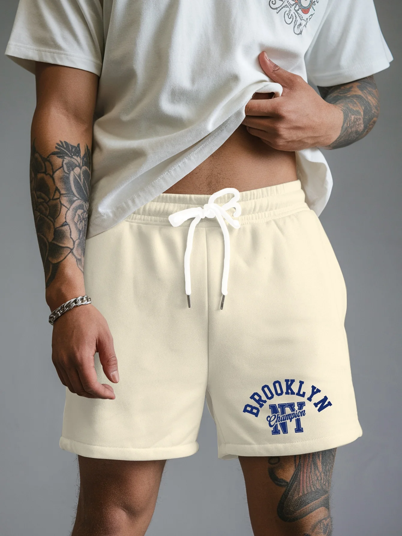 Men's Summer Brooklyn Letter Print Casual Shorts Loose Fit Elastic Waistband with Drawstring Suitable for Everyday Wear