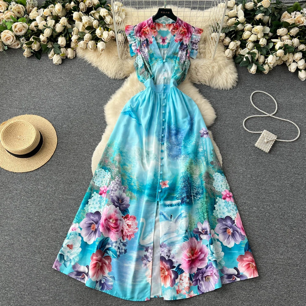 

Runway Summer Bohemian Maxi Dress Women Clothing Flying Sleeve Single Breasted Floral Print Long Robe Party Vestidos Blue