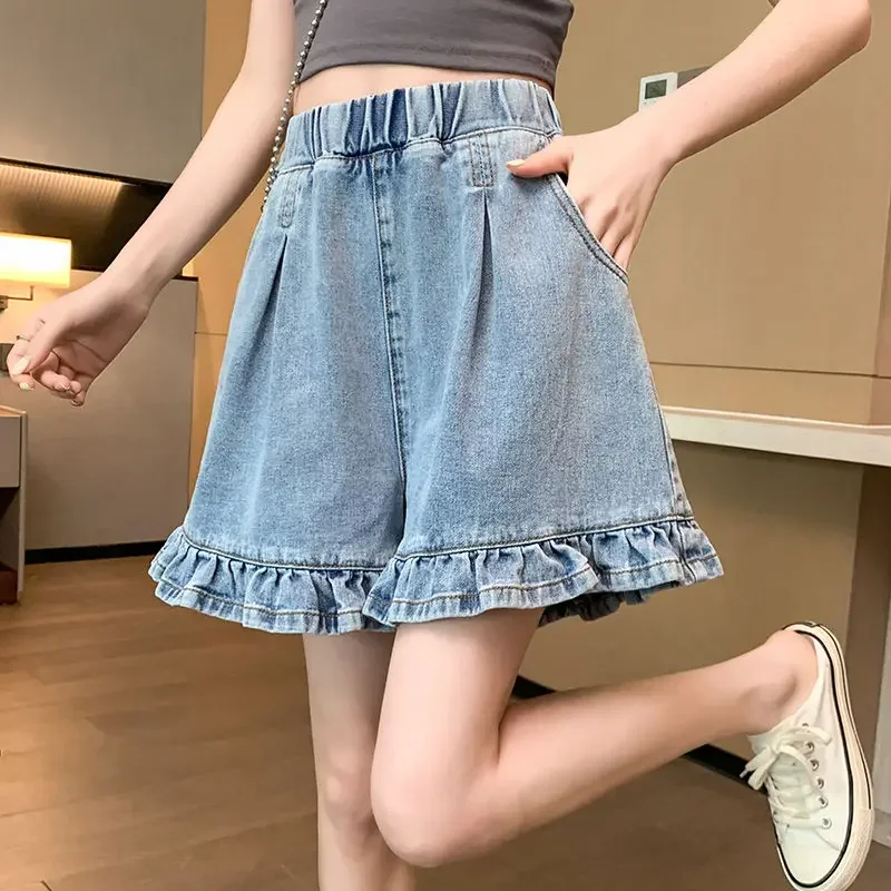 Plus Size Denim Shorts Women Clothing Trends Ruffle Stretch High Waist Baggy Jeans Short Pants Summer Korean Fashion Blue New