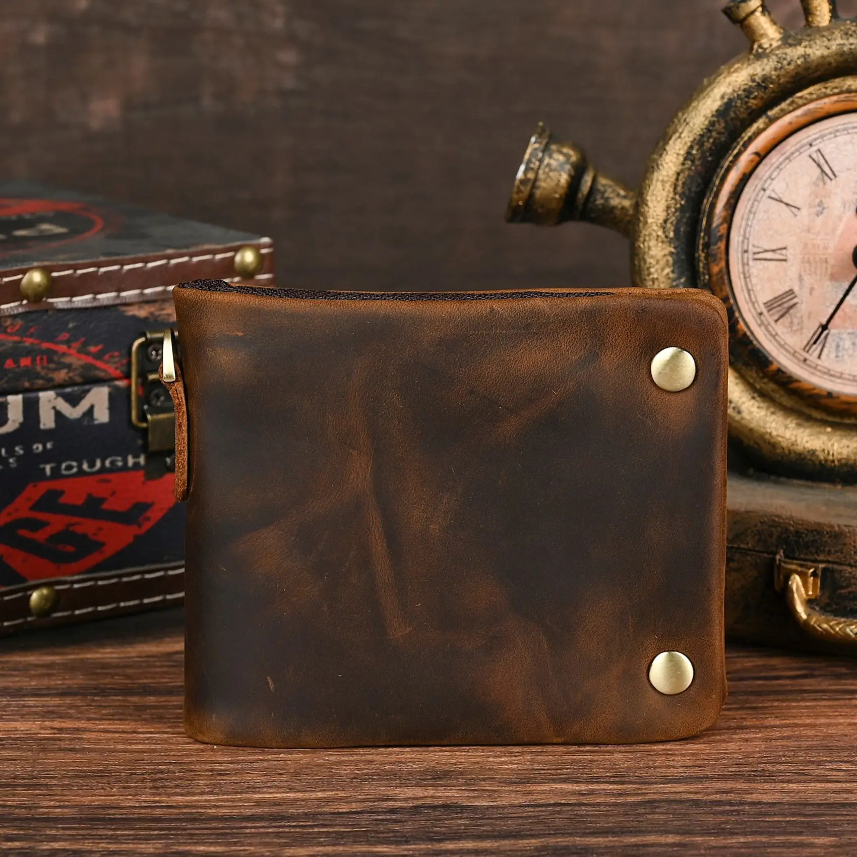 YETTIES Herren-Pull-Up-Geldbörse aus genarbtem Leder, kurzer Bifold-Reißverschluss mit abnehmbarer Kette, praktische Retro-Clutch für Herren – Detail 21