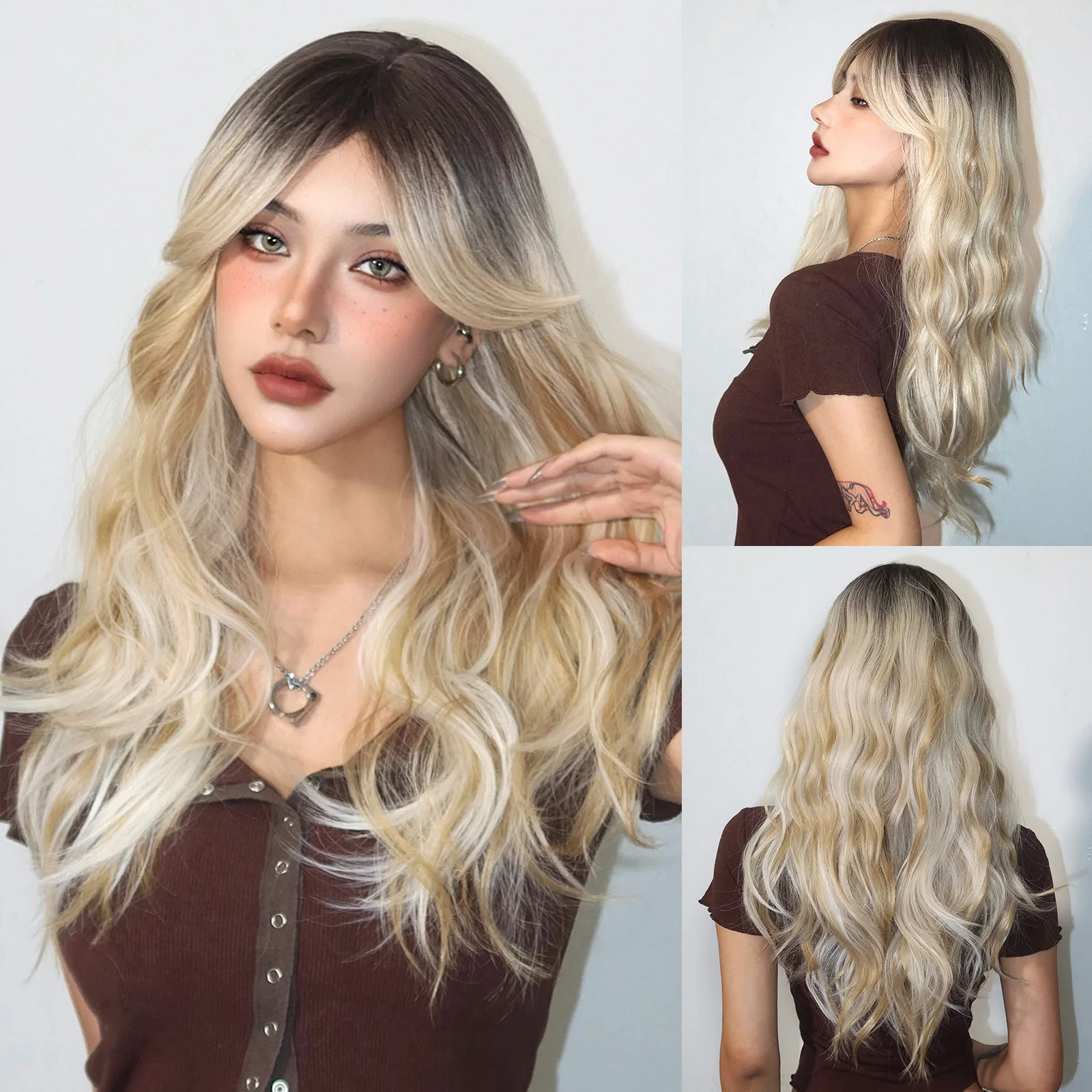 

Long Wavy Synthetic Blonde Brown Ombre Wigs with Bangs Blonde Cosplay Natural Fake Hairs Dark Root Heat Resistant Wig for Women