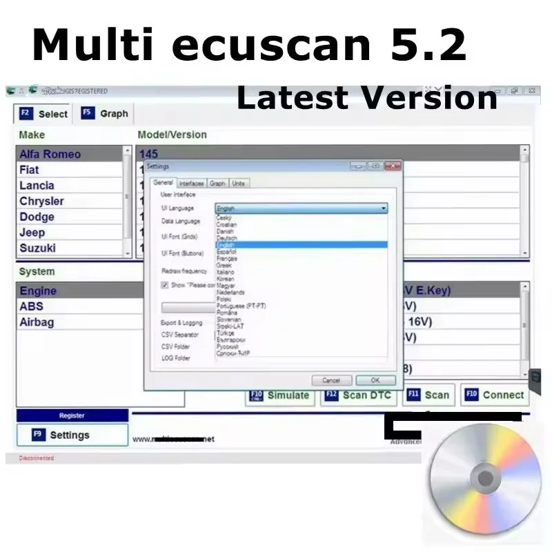 Logiciel de réparation automobile Multiecuscan 5.2 + Multiecuscan V5.2 pour une variété de modèles de voitures européennes logiciel de scanner obd2