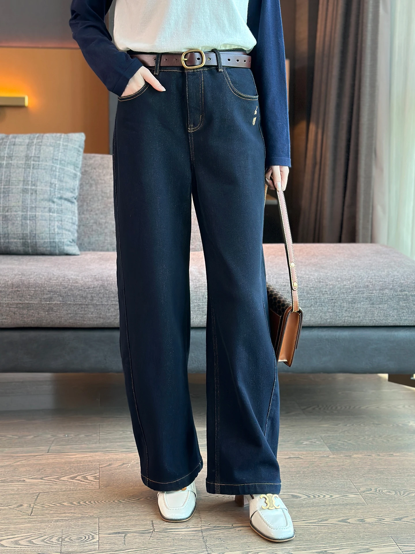 

Джинсы Left Home RL Classic Sli Thi Fce с высокой талией, вышивкой, широкими штанинами, из хлопка, теплые зимние брюки