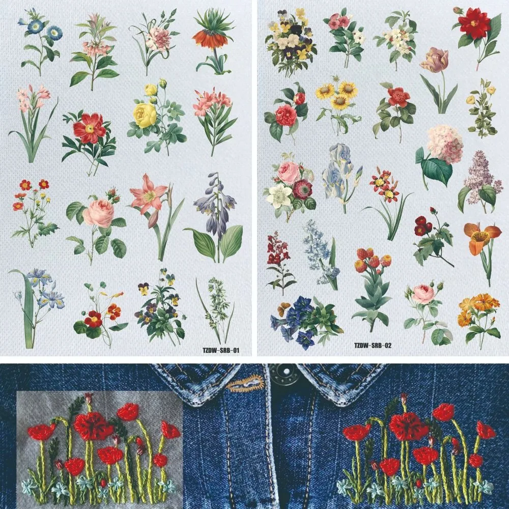 2 feuilles de papier à broder motifs fleurs et océan, fournitures de couture faites à la main, stabilisateurs de couture manuelle, DIY