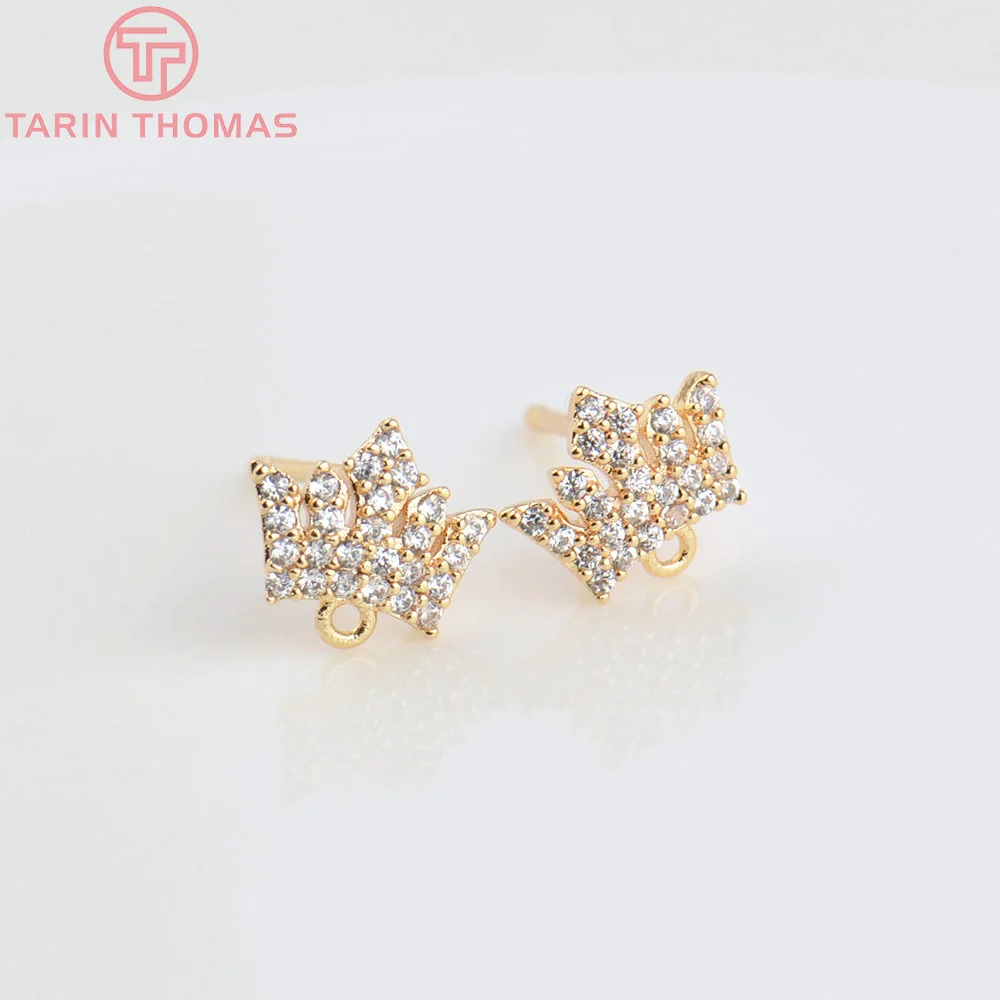 (4835) 4PCS 9x7MM 24K Gold Color Brass with Zircon Crown Shape Stud Earrings High Quality Jewelry Making Findings  Wholesale