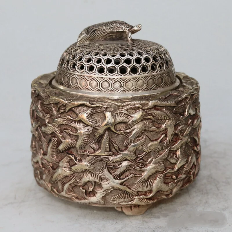 Chinese Silver-Plated Copper Crane Turtle Incense Burner Antique Style Carved Thousand Cranes Longevity Censer Ornament