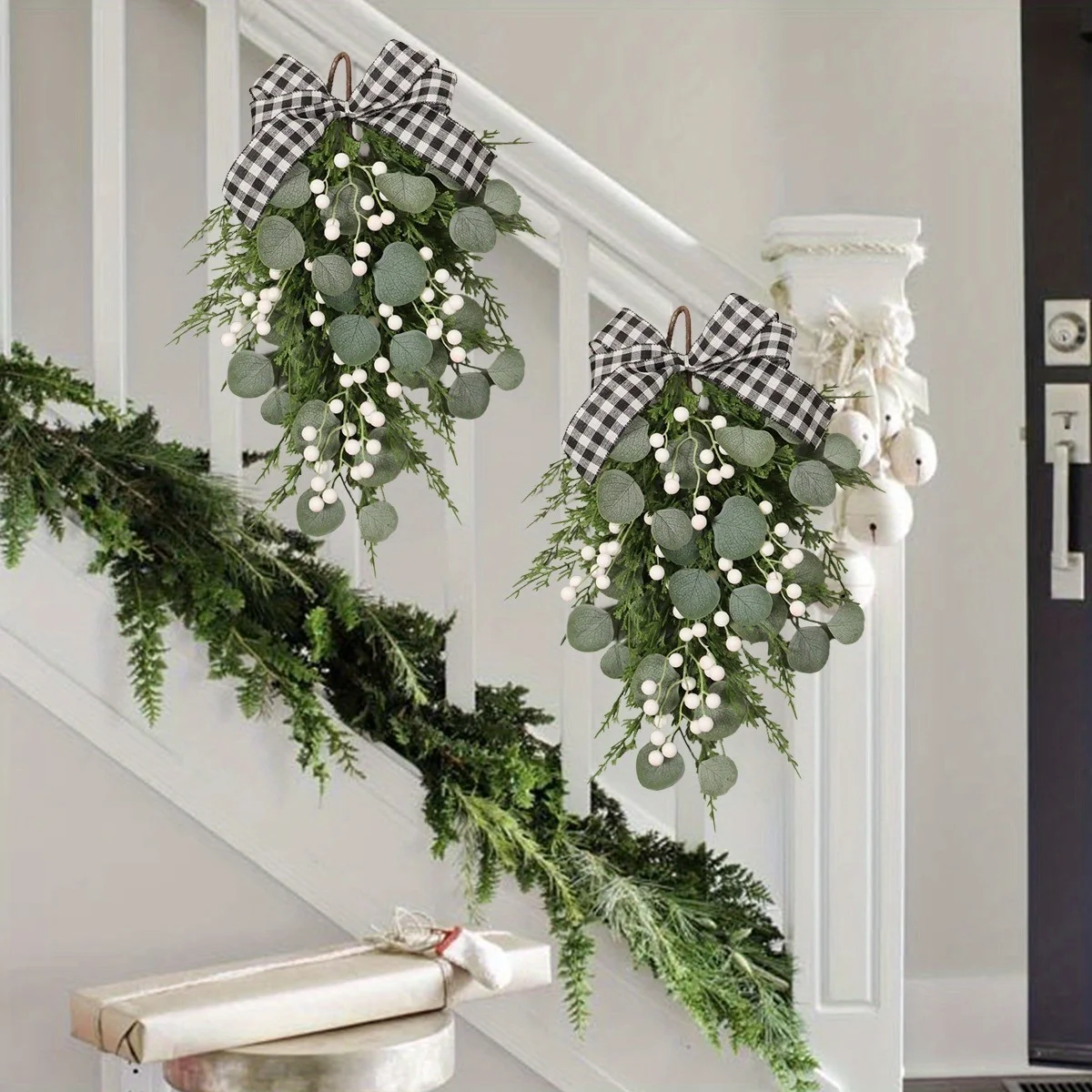 

Christmas Wreath for Front Door Teardrop Wreath Hanging Ornament Green Leaves Christmas Swag for Holiday Farmhouse Wall