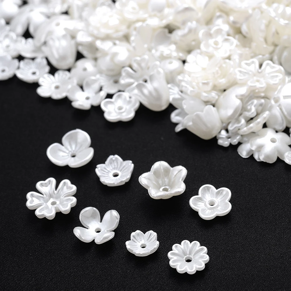 iYOE 100pcs 28 Style Flower Spacer Beads Imitation Pearl White Acrylic Flower Beads Caps For Making Jewelry Accessories Diy Dead