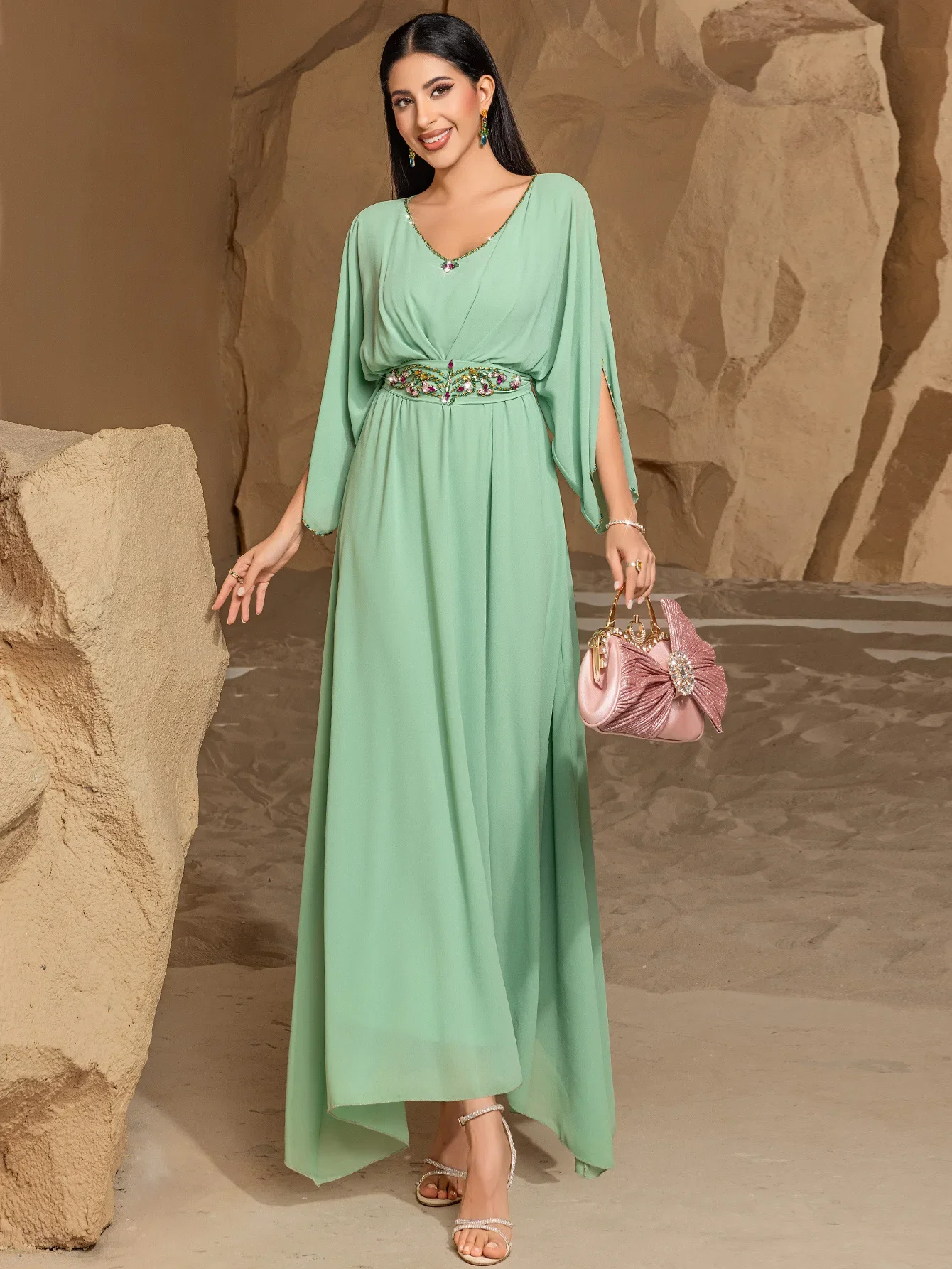 

Элегантное женское платье для выпускного вечера с V-образным вырезом и расклешенными рукавами, рюшами, трапециевидными платьями подружки невесты, женское вечернее платье, длинные платья, новинка