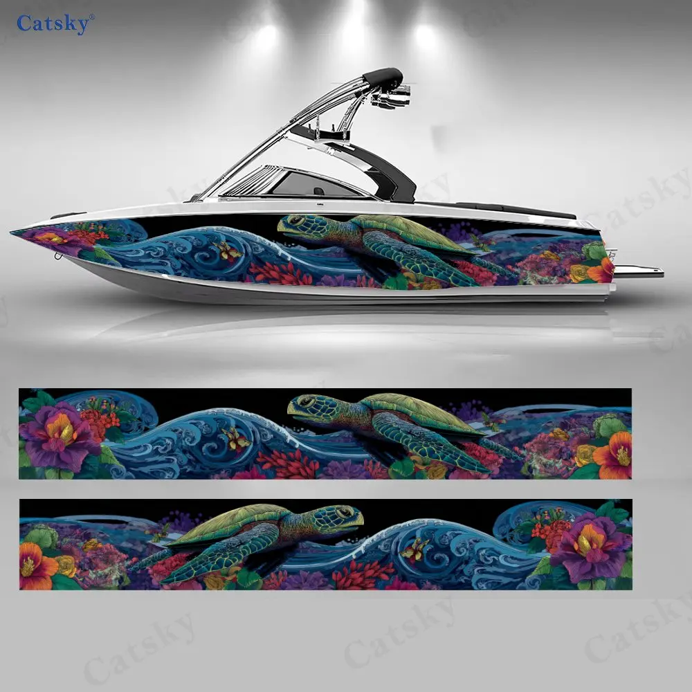 Sea Turtle & Coral Floral Boat Stickers, PVC Waterproof Durable Vinyl Wrap Decals for Fishing Boats, Durable and Stylish Design