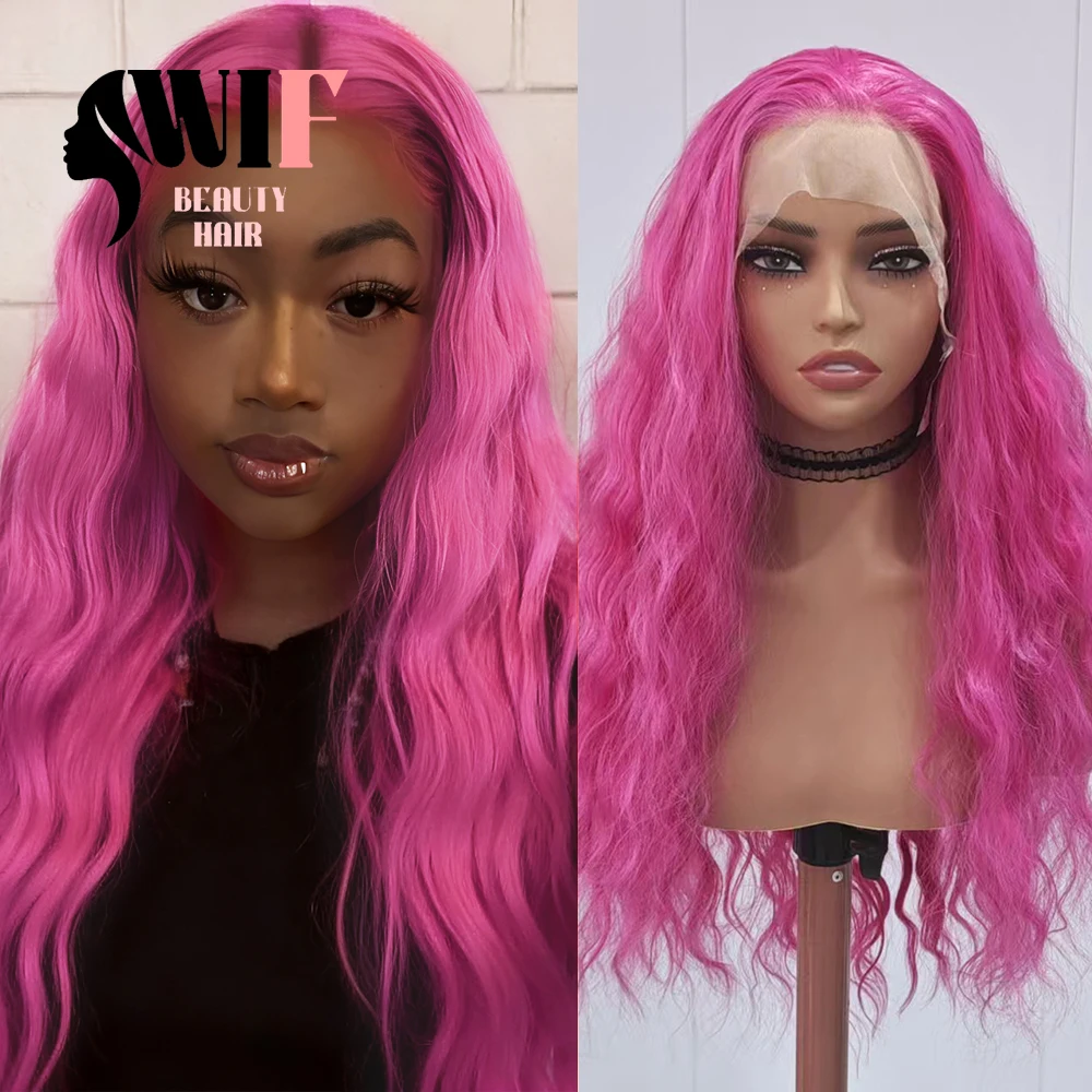 

Синтетический парик WIF Rose Pink Loose Wave с натуральной линией роста волос, длинный волнистый, с фронтальной шнуровкой, для косплея, розовый цвет