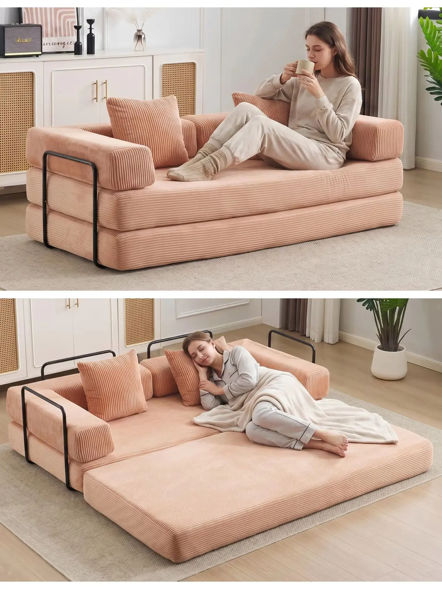 Modulares, wandelbares Cord-Bodensofa – frei kombinierbare Chaiselongue, kein Aufbau nötig, vakuumkomprimiert, faltbar, Lazy Couch mit breiten Armlehnen und Kissen für Apartment, Wohnheim, Wohnzimmer