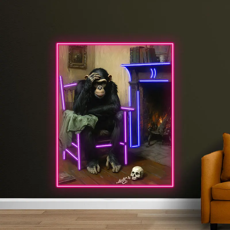 Toysign Custom Neon Light, Neon Reflective Monkey in Thought Poster - Retro Fireplace Scene, Ideal Wall Art for Lounge or Study