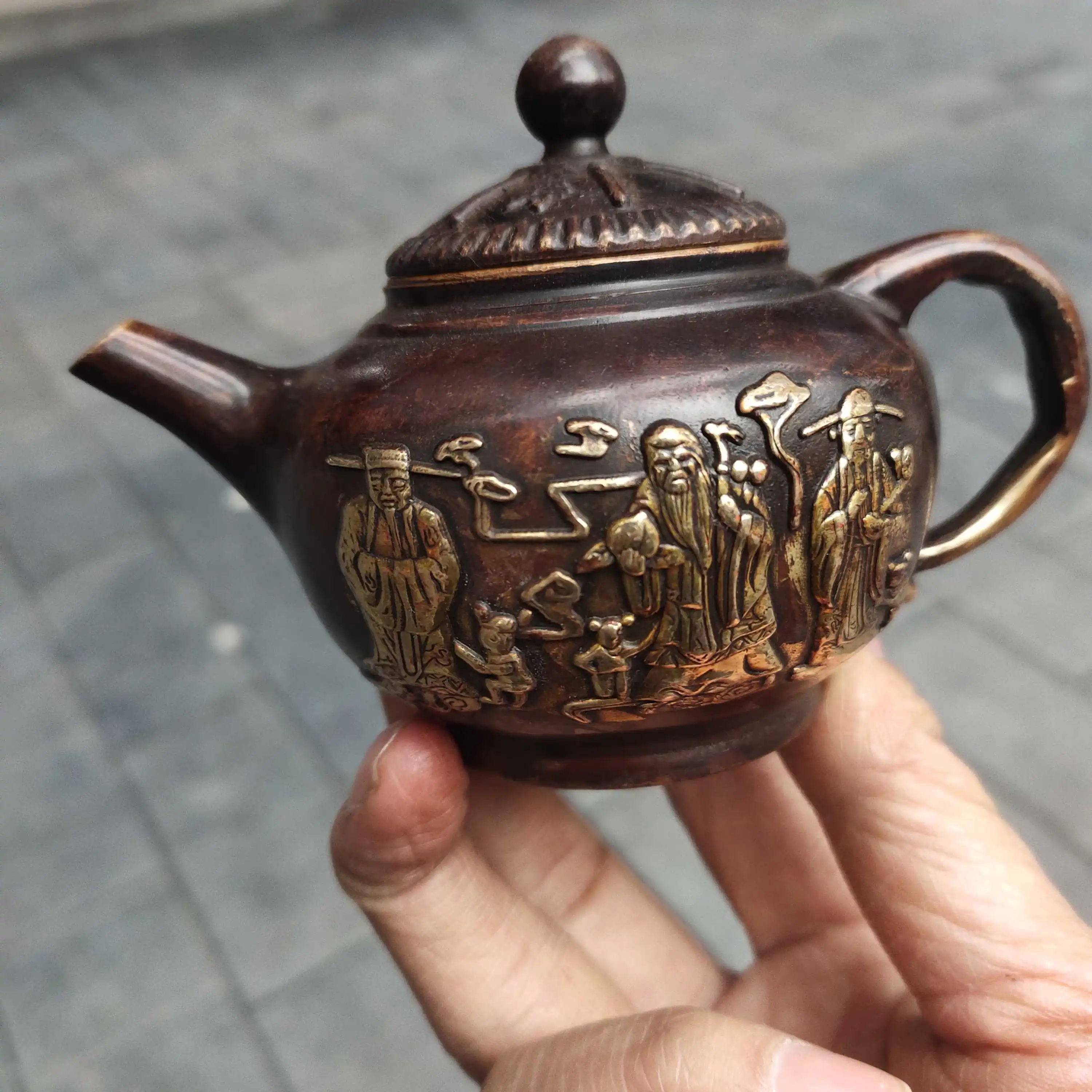 Copper ware collection: Pure copper, gilded, lucky longevity, three-star wine pot, wrapped in milk, old Taoist home tea ceremony