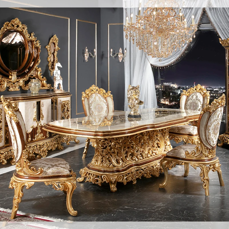 

Baroque restaurant wooden dining table and chair set, luxury classical dining table set 8 seats