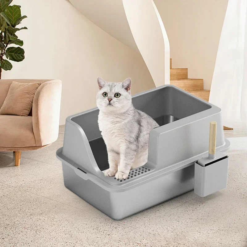 Semi-Closed Cat Litter Basin,Rectangle Semi-Closed Anti-Splash Pet Cat Litter Box Case Toilet Tray with Scoop