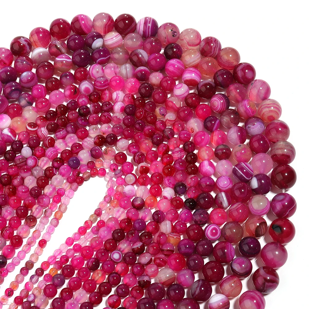 4 6 8 10 12mm Hot Pink Stripes Agates Beads Natural Stone Beads Round Loose Beads For Jewelry Making DIY Bracelet Necklace