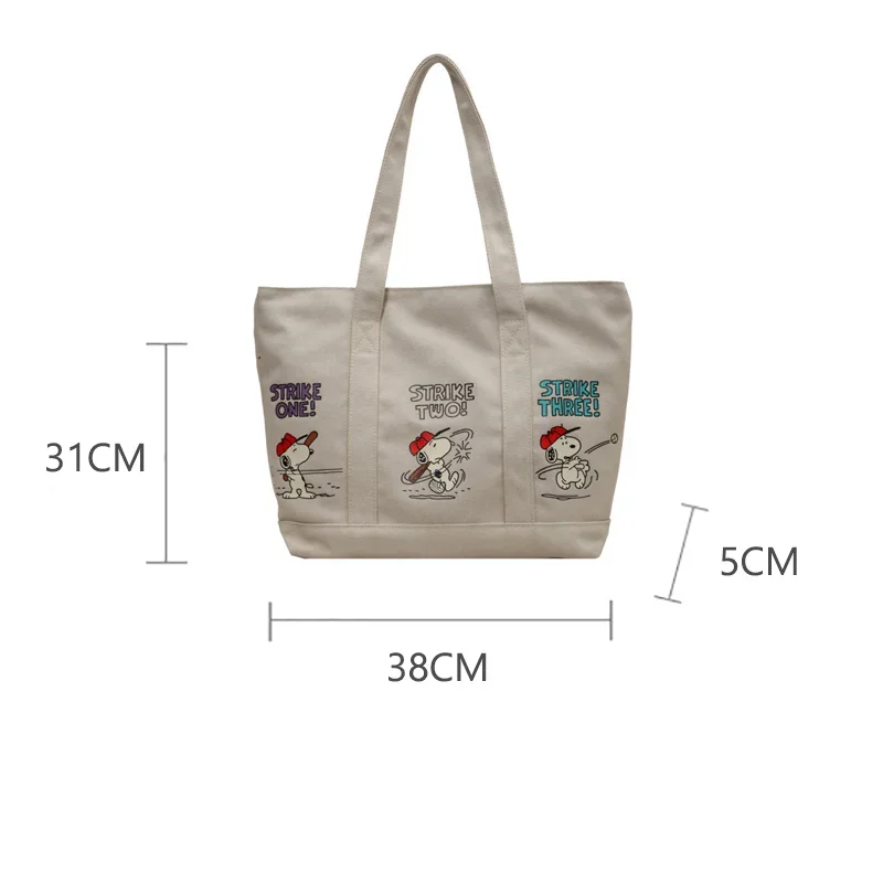 MINISO Disney New Series Cartoon Cute Canvas Bag Women Large Capacity Handbag Casual Tote Bag Snoopy Printing  Zip Shoulder Bag