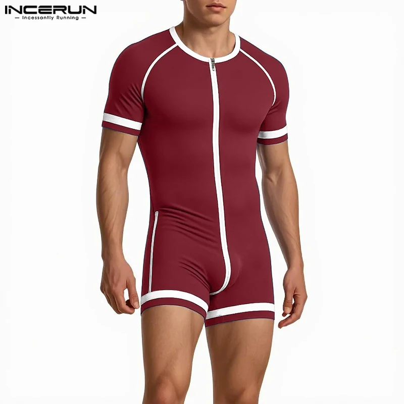 INCERUN 남성 바디 슈트 패치 워크 지퍼 오 넥 반팔 아늑한 남성 Rompers Playsuits 운동 2025 패션 캐주얼 바디 슈트 남성