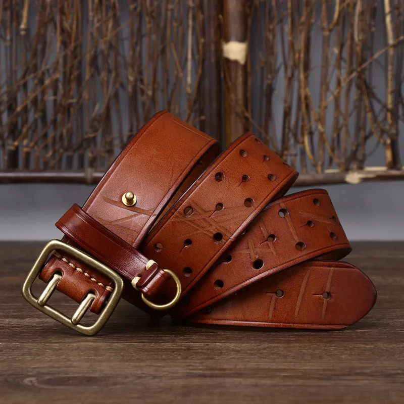 

3.8CM Male Vintage Korean Style Trendy Double Pin Buckle Design Belt Men's Genuine Leather Pure Cowhide Versatile Jeans Belts