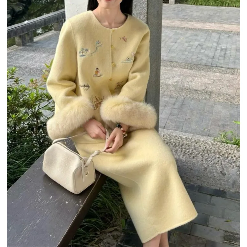 New Chinese Style National Style Design Sense Thickened Woolen Coat Winter New High Waist Thin Skirt Two-piece Set Women