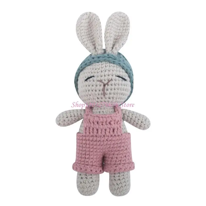 R6FD Sweet Handmade Crochet Rattle Appease Rabbit Handheld Toy Infant Photography Toy