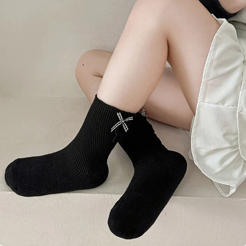 Lolita Style Kids Mid Calf Stockings Adorned With Delicate Ruffled Edge And Pretty Bow On Heel Comft Stretch Light Fabric Socks