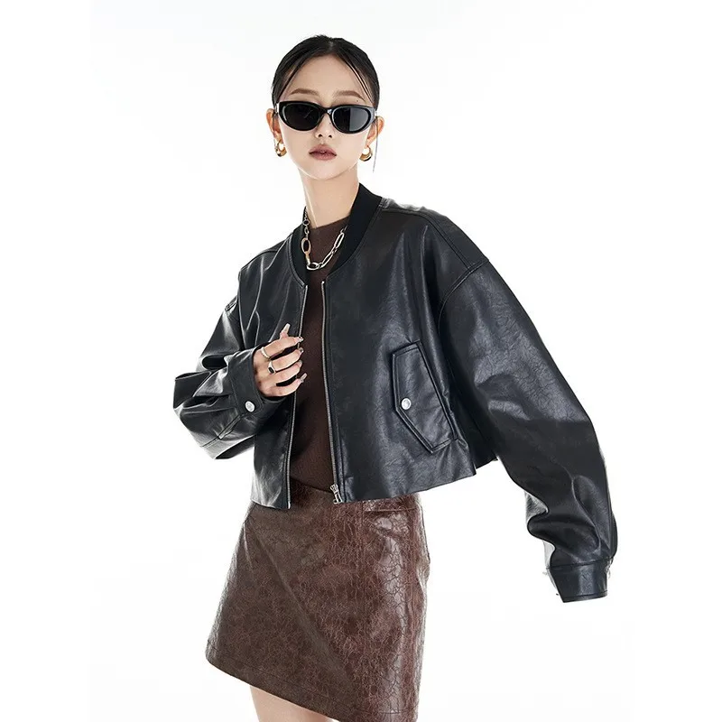 B-TOTO Autumn And Winter New Zipper Design Soft Leather PU Fabric Can Be Used As A Short Niche Street Spicy Girl Leather Jacket