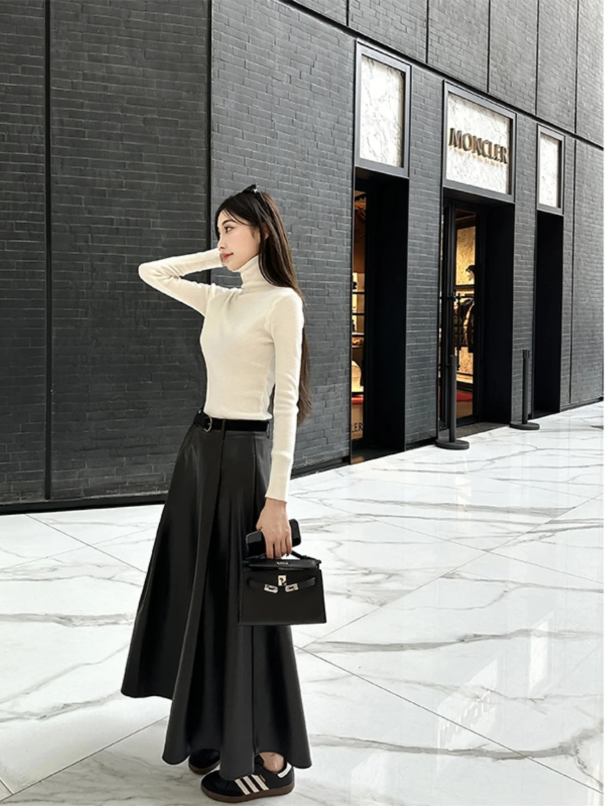 

Юбка миди из искусственной кожи с высокой талией, черно-кофейного цвета, А-силуэт, женская, осенне-зимняя, модная, уличный стиль