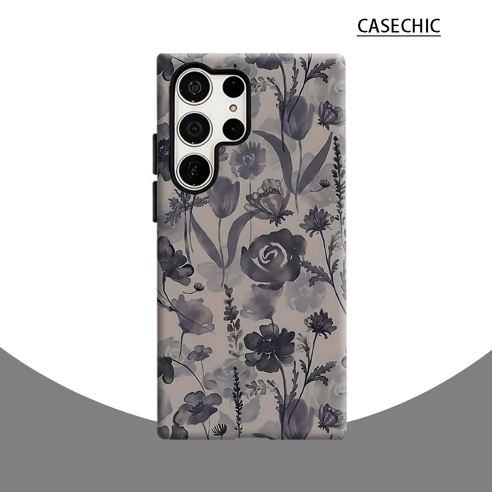 Watercolor Grey Floral Phone Case for Samsung Galaxy S26 S25 Ultra S24 S23 Ultra Plus Shockproof Double layer tough Back Cover