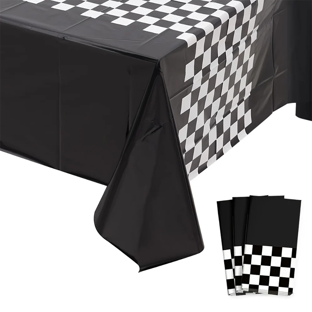 1pc  Black White Checkered Disposable Plastic Tablecloth for Race Car Themed Party Decor