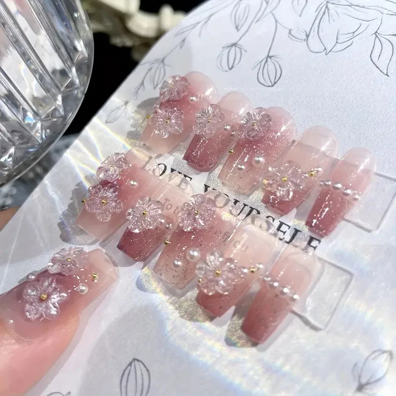 24PCS Pink Flower Pearl Setting Long Press on Nails 3D Flowers Pearl Pink Stick on False Nails for Fingernail DIY Decorations *^