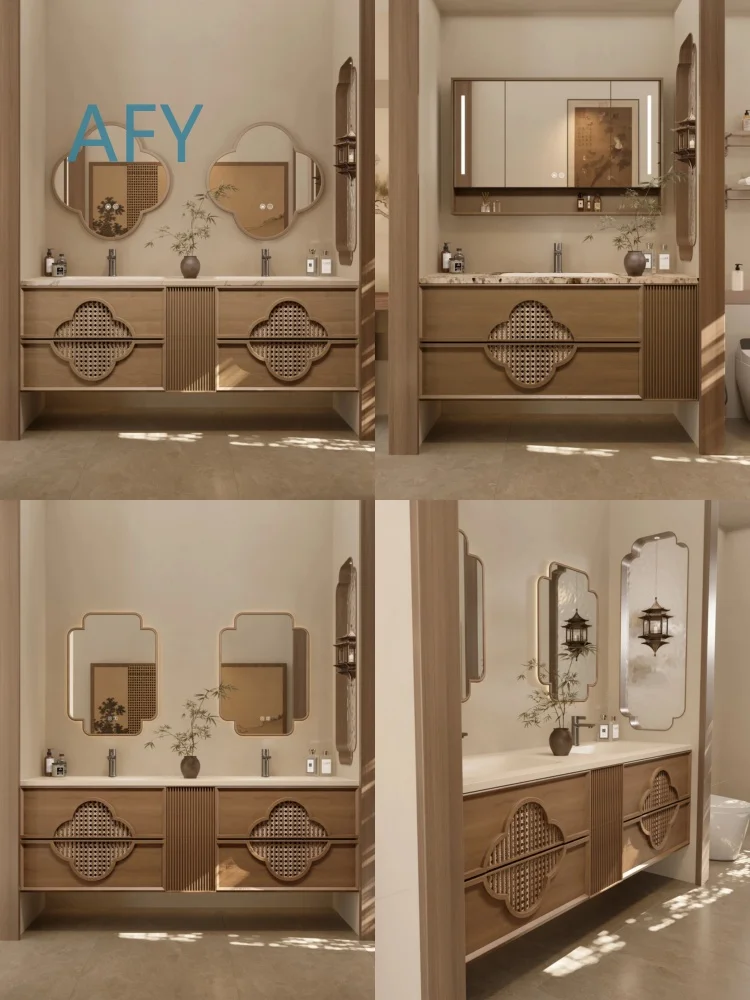2025 New Song Style Aesthetic Oak Bathroom Cabinet Set for Washbasin Vanity Combo with Antique Sink Basin and Plum Blossom