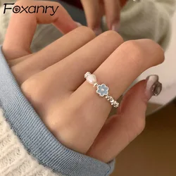 Foxanry Blue Drop Glaze Flower Pearl Rings For Women Girls Minimalist Sweet Cute Creative Temperament Elegant Birthday Jewelry