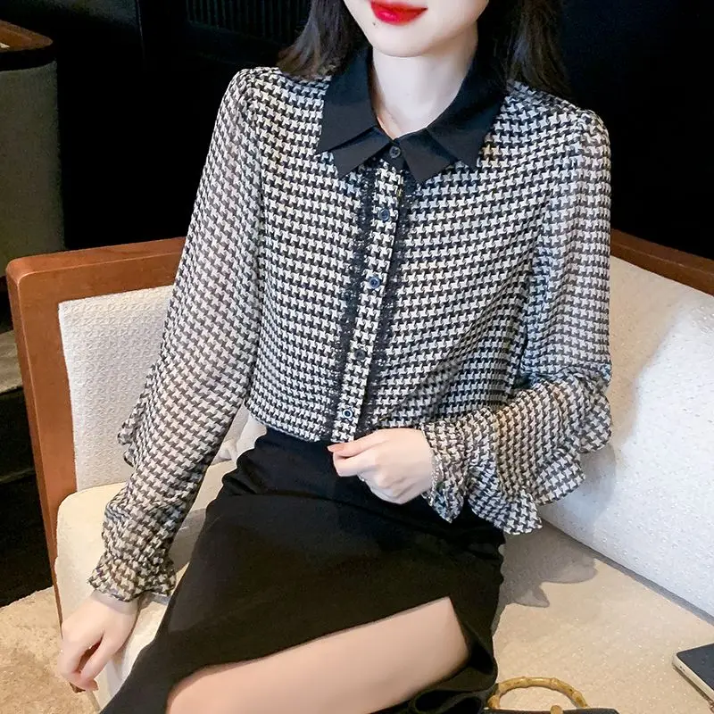 Temperament Printing Tops Ladies Korean Pullovers Spring Autumn Office Lady Long Sleeve Blouses Vintage 2024 New Women Clothing